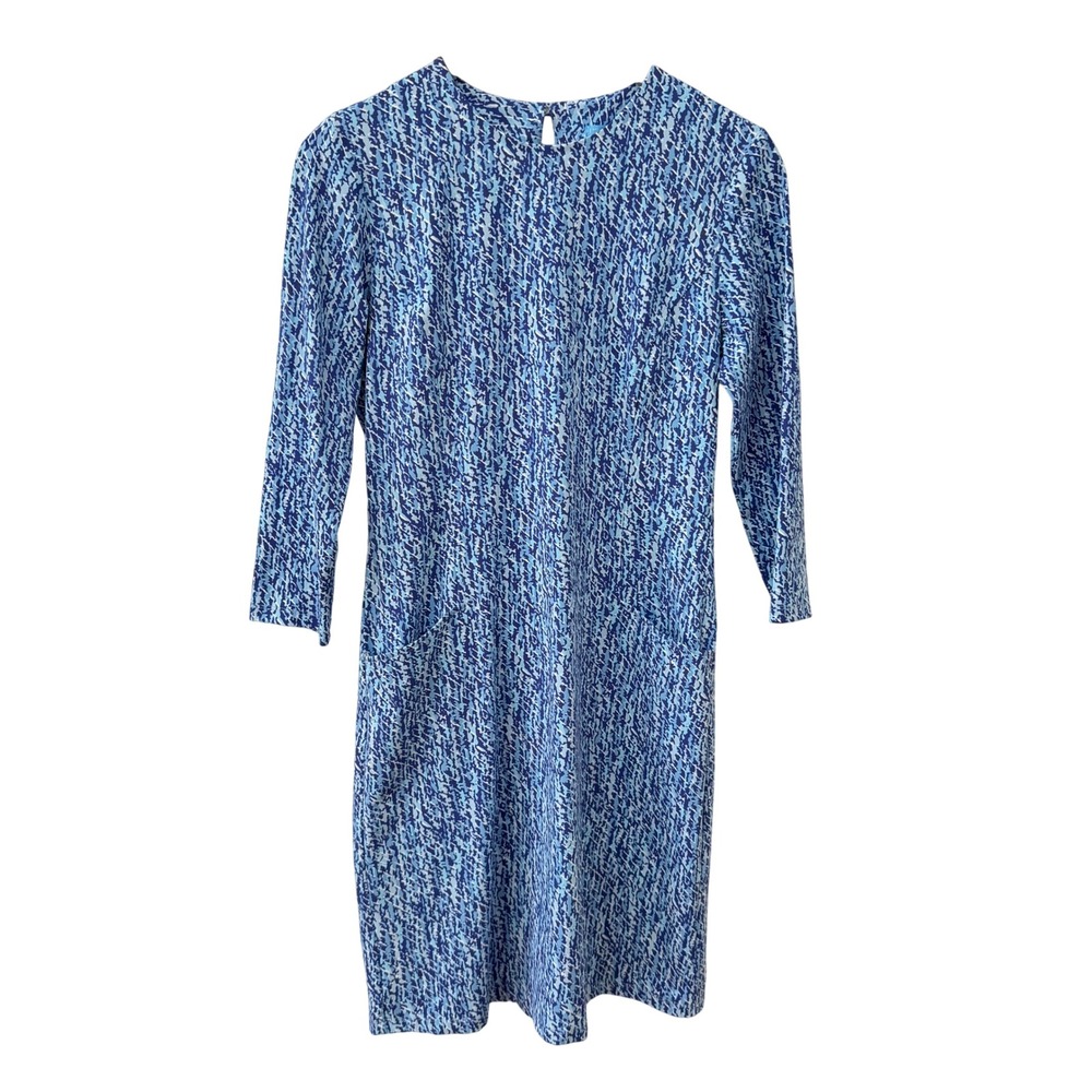 J. McLaughlin Shift Dress S Blue Abstract Catalina Cloth 3/4 Sleeve Pockets